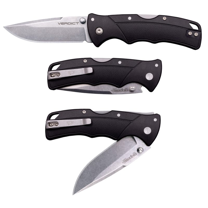 Cold Steel Verdict 3 inch clip point folding knife with black GFN handle and stonewash stainless steel blade, shown open on a rustic background.
