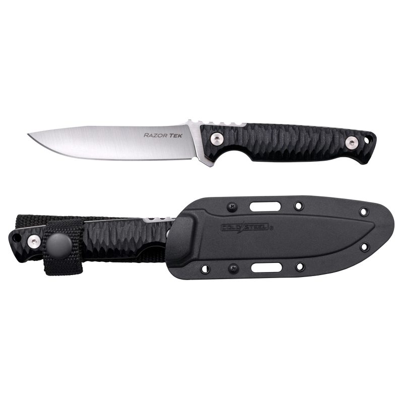 Cold Steel Razortek 4-inch fixed blade knife with a black GFN handle and a satin silver clip point blade, shown with its Secure-Ex sheath.
