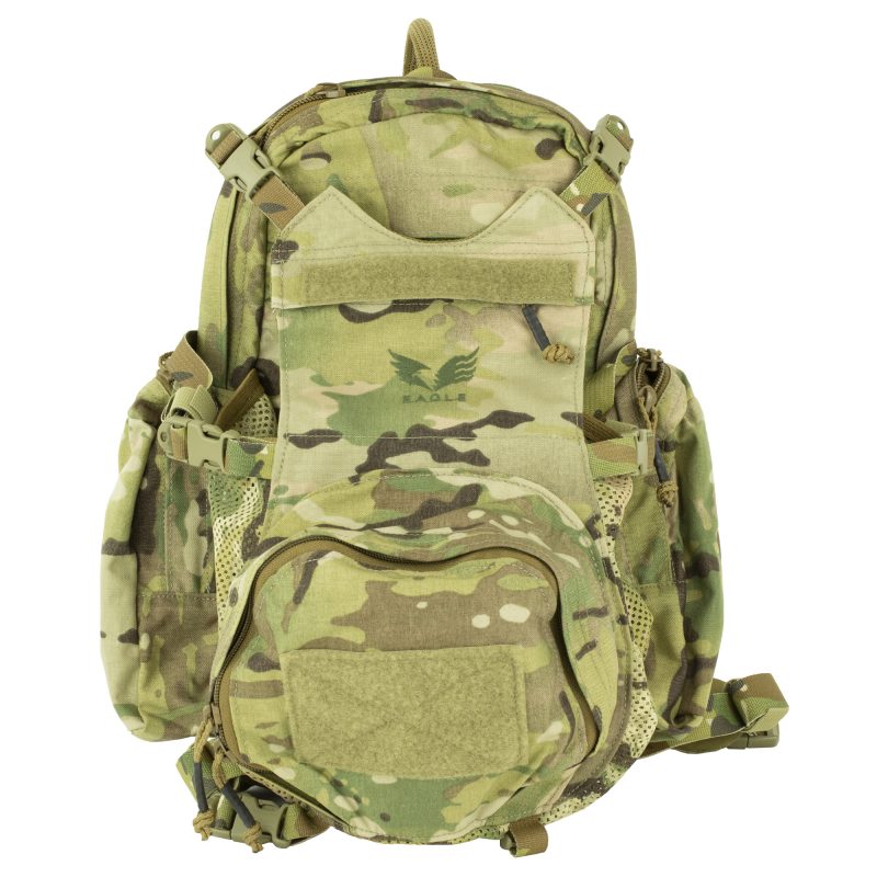 Eagle Industries Yote Hydration Pack in Multicam camouflage, shown from the front, ready for outdoor use.