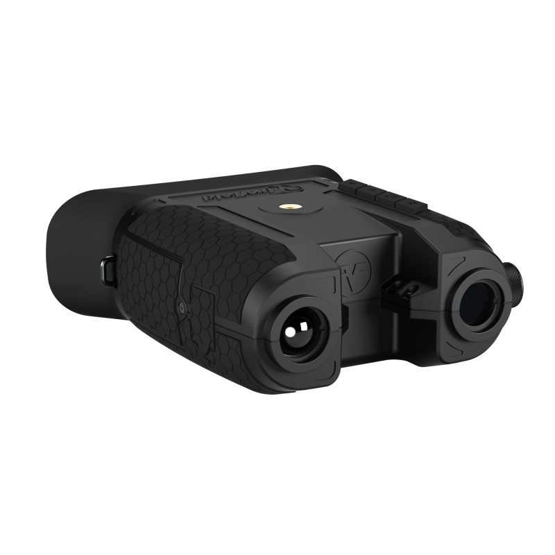 Firefield Hexcore Digital Night Vision Binoculars, black, showing front lenses and controls, with a head mount accessory.