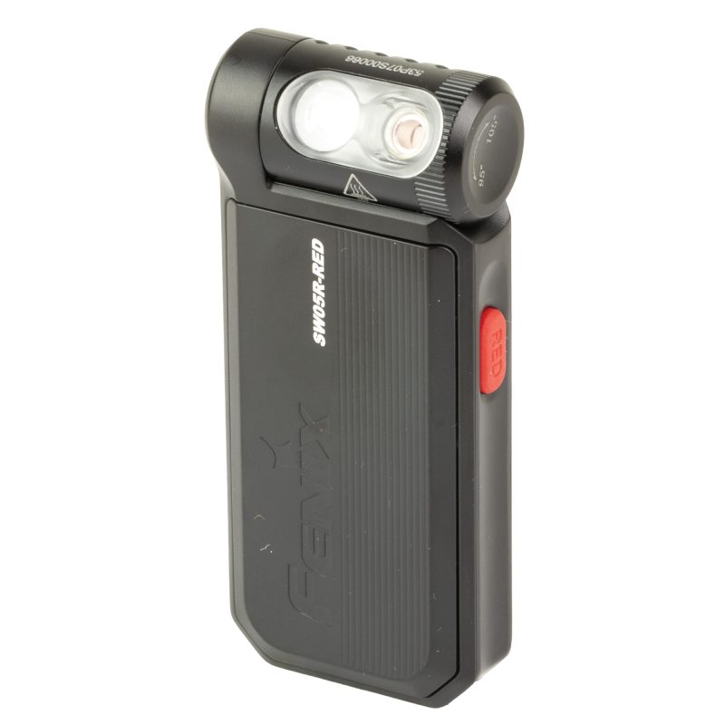FENIX SW05R 150 Lumen and Red Light clip-on flashlight, black, showing its adjustable head and magnetic tail, ideal for ranch work in the White Mountains of Arizona.