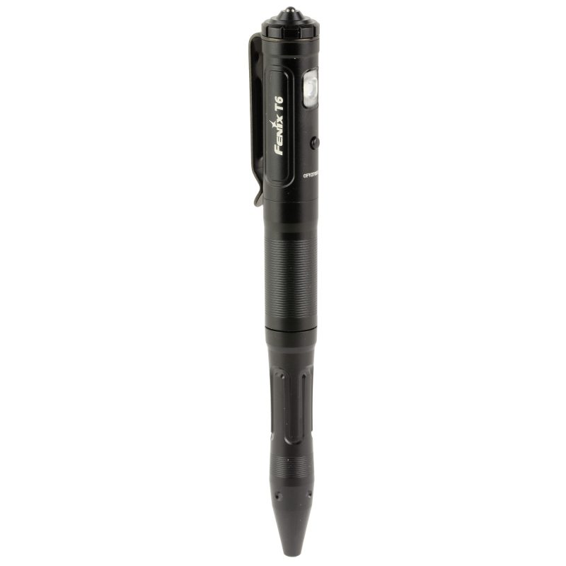 Black FENIX T6 80 Lumen Tactical Penlight with a white LED flashlight, showing its sleek, durable anodized aluminum body.