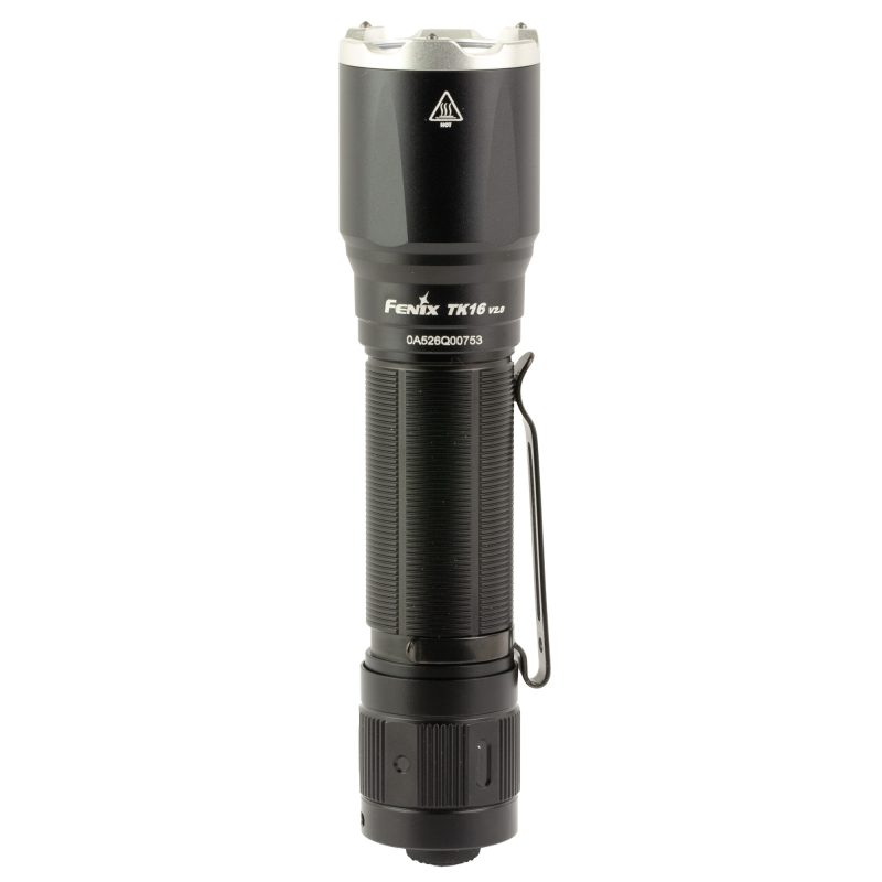 FENIX TK16 V2 3100 Lumen Tac Light, black anodized finish, showing the tactical tail switches and strike bezel, ready for use in rugged outdoor conditions.