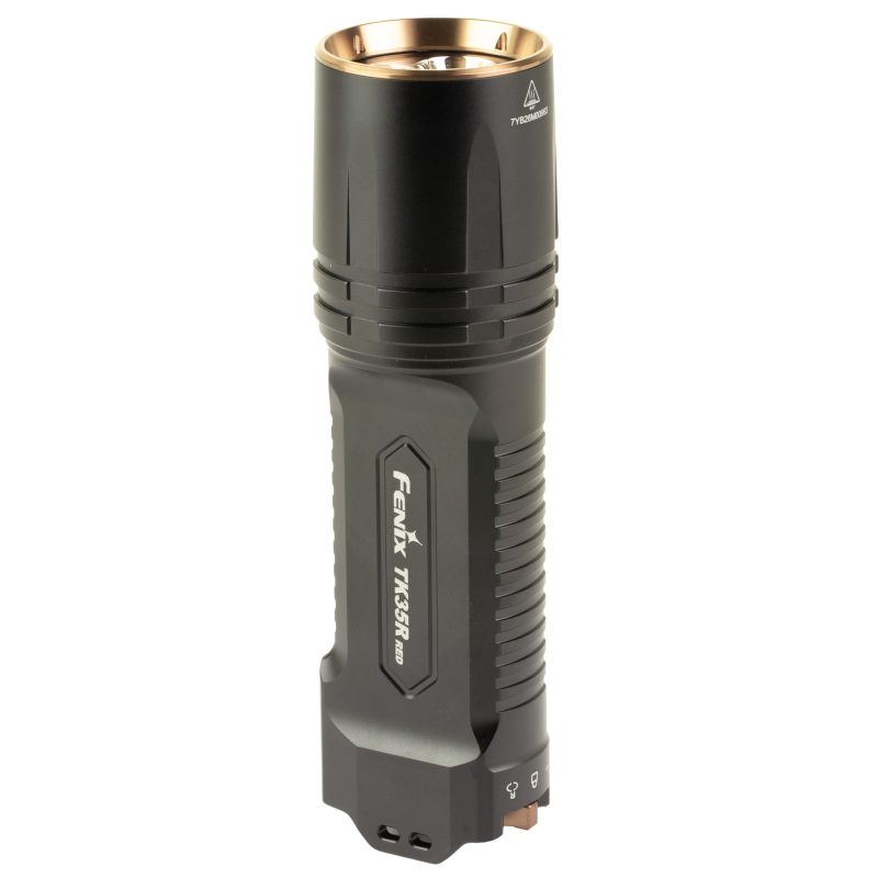 Black FENIX TK35R White/Red LED flashlight with dual tail switches and USB-C charging port, shown with a powerful beam.