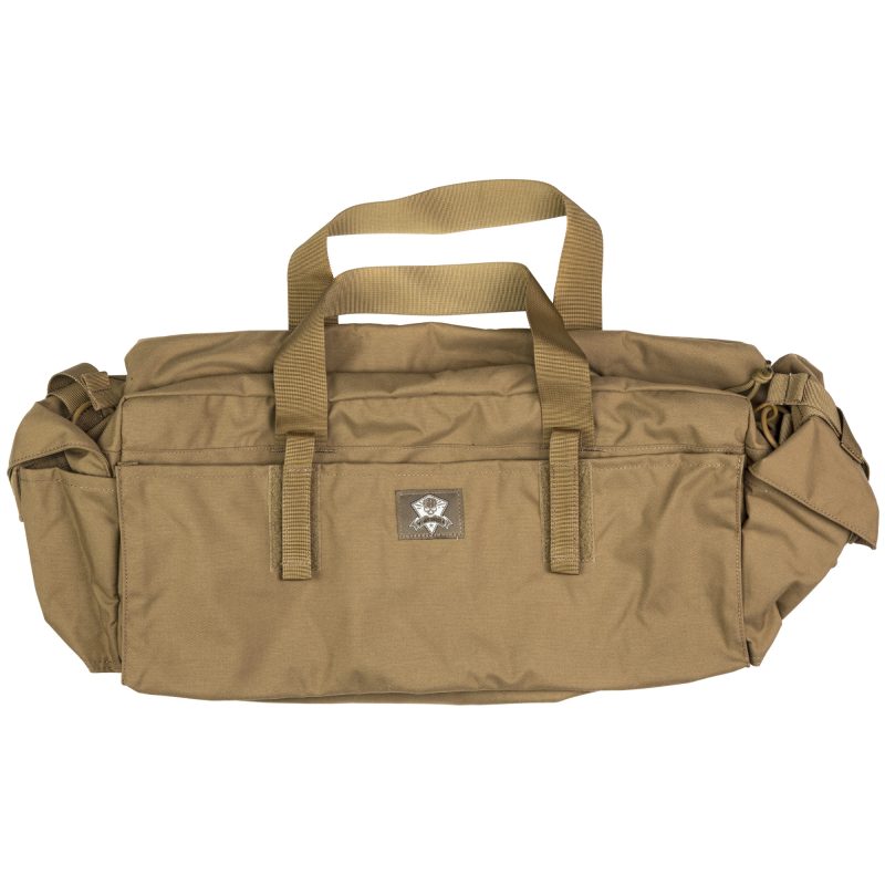 Coyote brown Grey Ghost Gear RRS Transport Bag, a durable tactical gear bag with multiple compartments and carry handles, shown ready for vehicle storage.