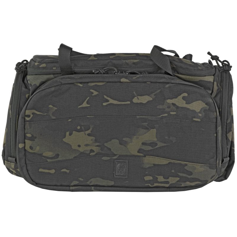 Grey Ghost Gear Range Bag in Multicam Black, a durable nylon utility bag with a padded shoulder strap, shown ready for ranch use in the White Mountains.