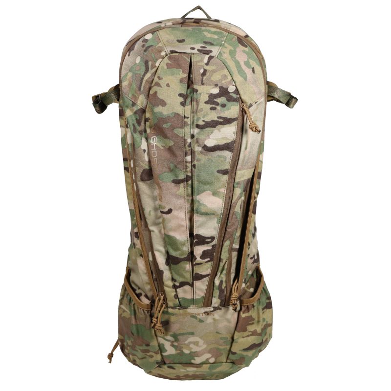 Grey Ghost Gear Apparition SBR Bag in tan and olive drab, shown as a backpack, designed for discreet carry of equipment.