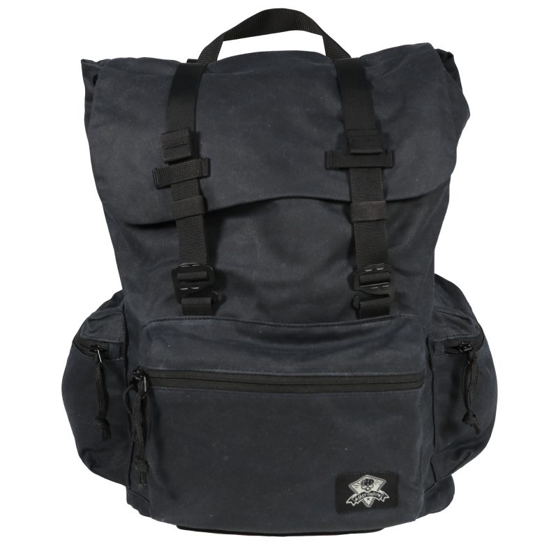 Black Grey Ghost Gear Drifter Pack, made of waxed canvas, shown with G-hook straps and a drawstring closure, suitable for outdoor and ranch use.
