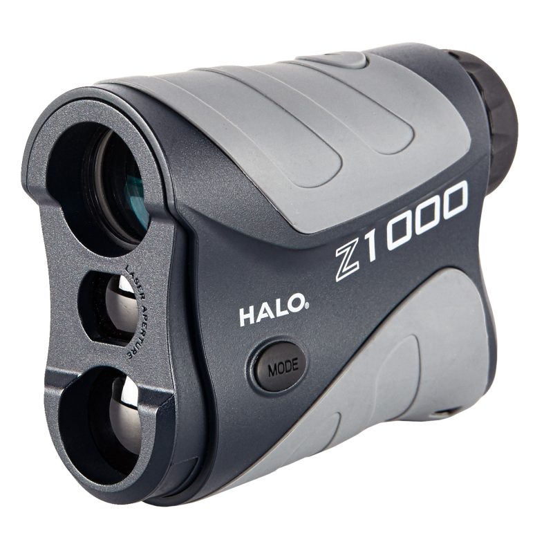 Halo Optics Z1000 Rangefinder in matte black, held in hand, showing 6X magnification and 1000-yard range capability for outdoor use.
