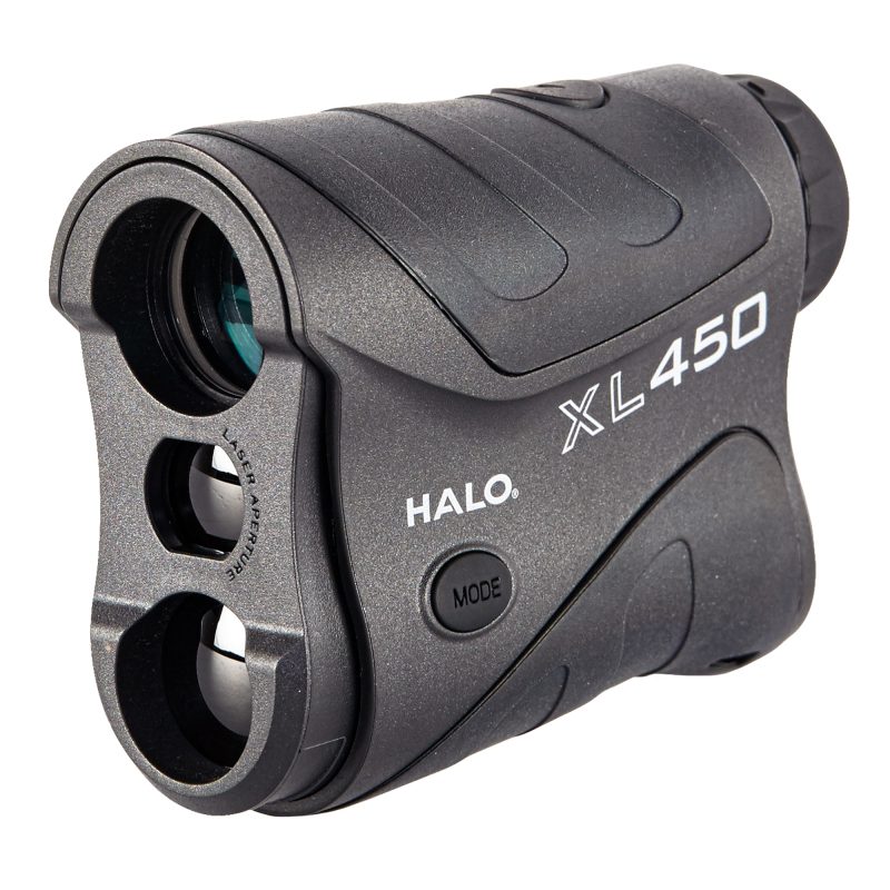 Halo Optics XL450 Rangefinder, black matte finish, 6x magnification, showing a clear view of the objective lens and control buttons.