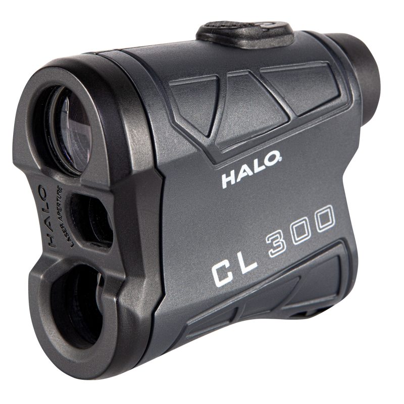Black Halo Optics CL300-20 Rangefinder with 5X magnification, shown held in hand or on a flat surface, emphasizing its compact and rugged design.