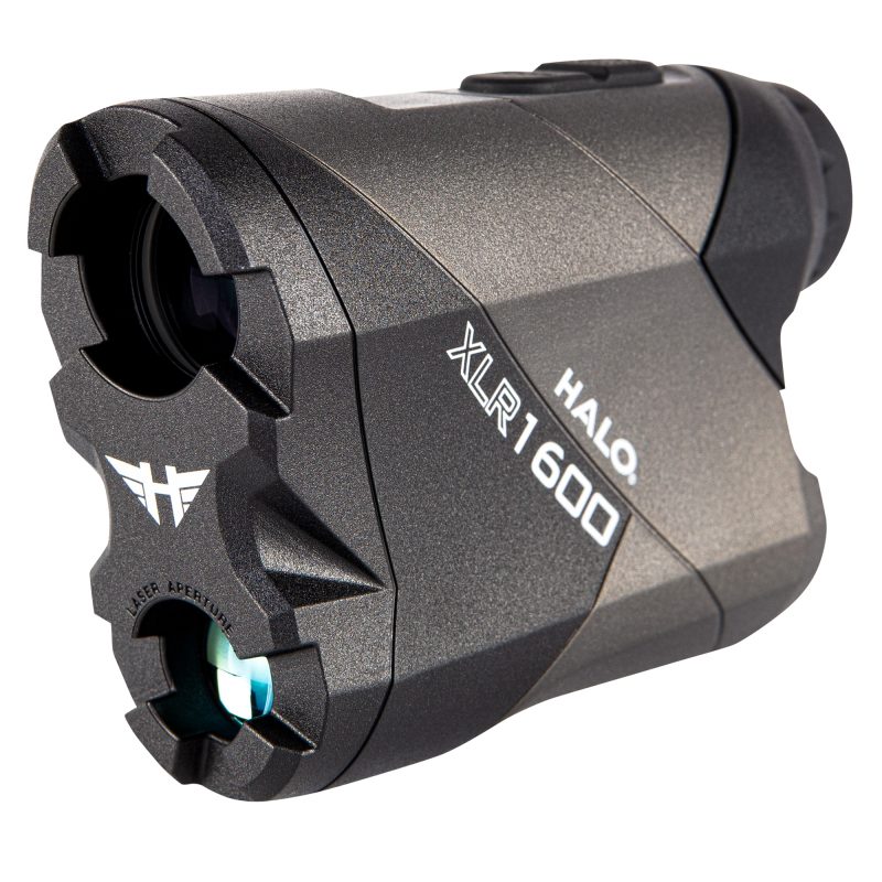 Halo Optics XLR1600 Rangefinder, black, with 6X magnification and angle intelligence, shown in an outdoor setting.