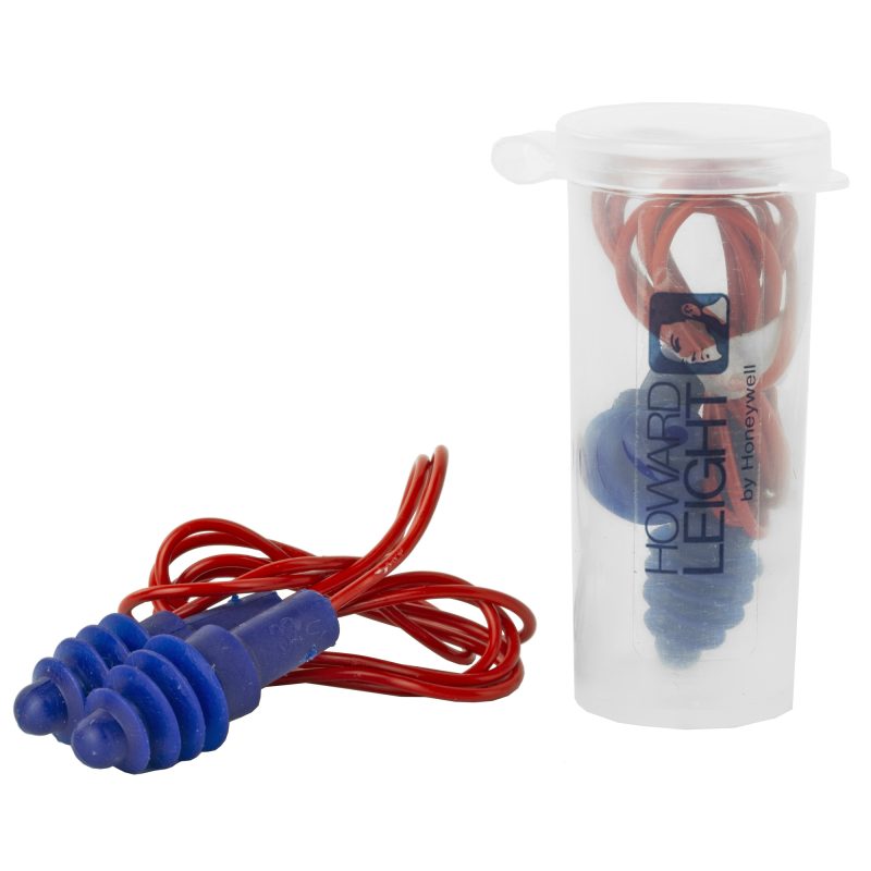 Pair of Howard Leight AirSoft corded earplugs with a black cord and blue flanges, shown against a neutral background.