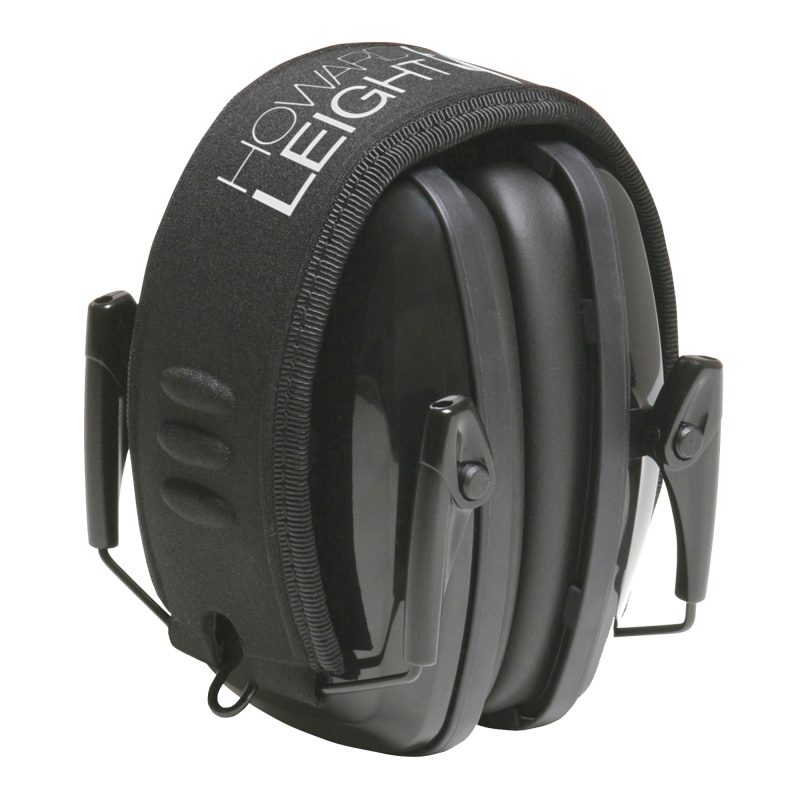 A pair of black Howard Leight Leightning LOF folding earmuffs with a padded headband and soft ear cushions, shown against a neutral background.