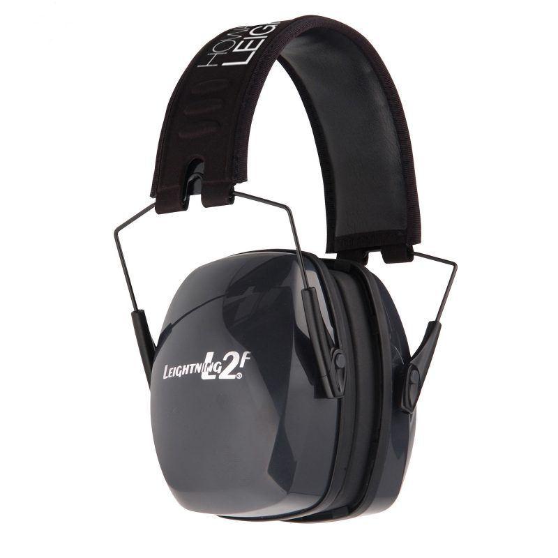 Black folding Howard Leight Leightning L2F earmuffs with a NRR 27 rating, shown ready for use.