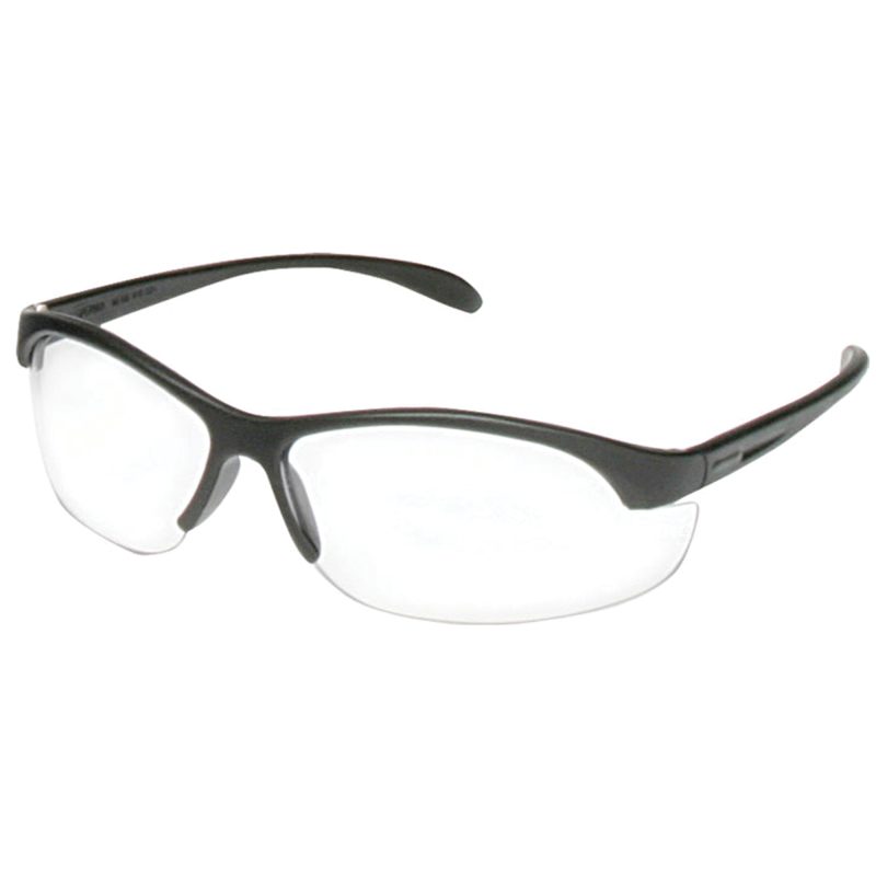 Howard Leight HL2000 compact safety glasses with black frame and clear lenses, designed for smaller heads, shown against a rugged outdoor background.