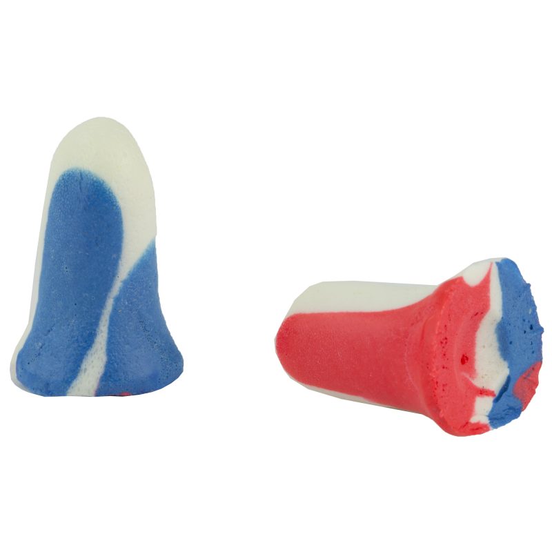 Ten pairs of red, white, and blue Howard Leight Super Leight foam earplugs, uncorded, against a neutral background.