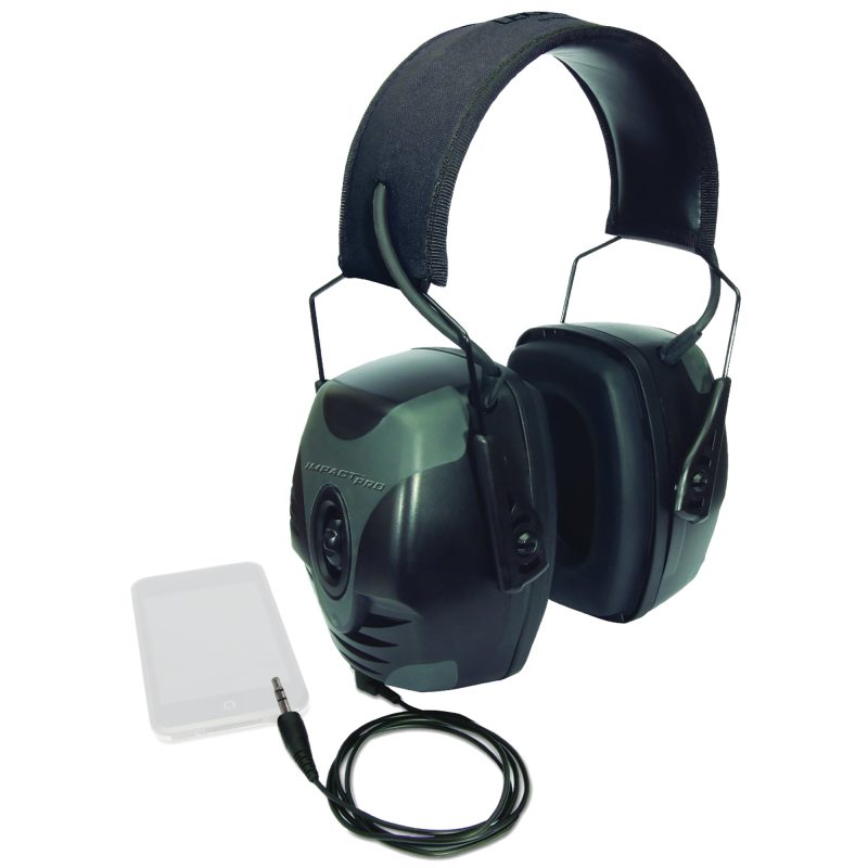 Black Howard Leight Impact Pro electronic earmuffs with NRR 30 rating and an AUX cord, shown against a neutral background.