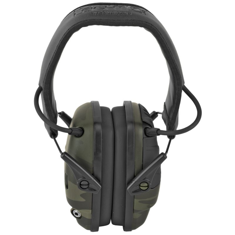 Howard Leight Impact Sport electronic earmuffs in MultiCam Black, folded, on a rugged surface, ready for use in the White Mountains.