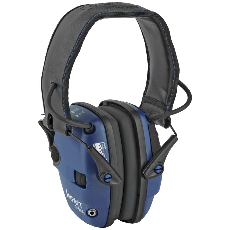 Howard Leight H/L Impact Sport Muff Real Blue electronic earmuffs, folded, shown on a rustic wooden surface.