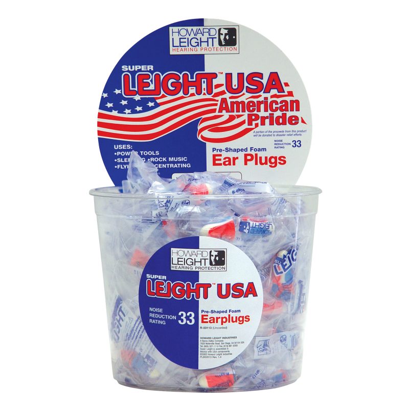 A box of 100 pairs of Howard Leight Super Leight USA foam earplugs in red, white, and blue colors, shown ready for use.