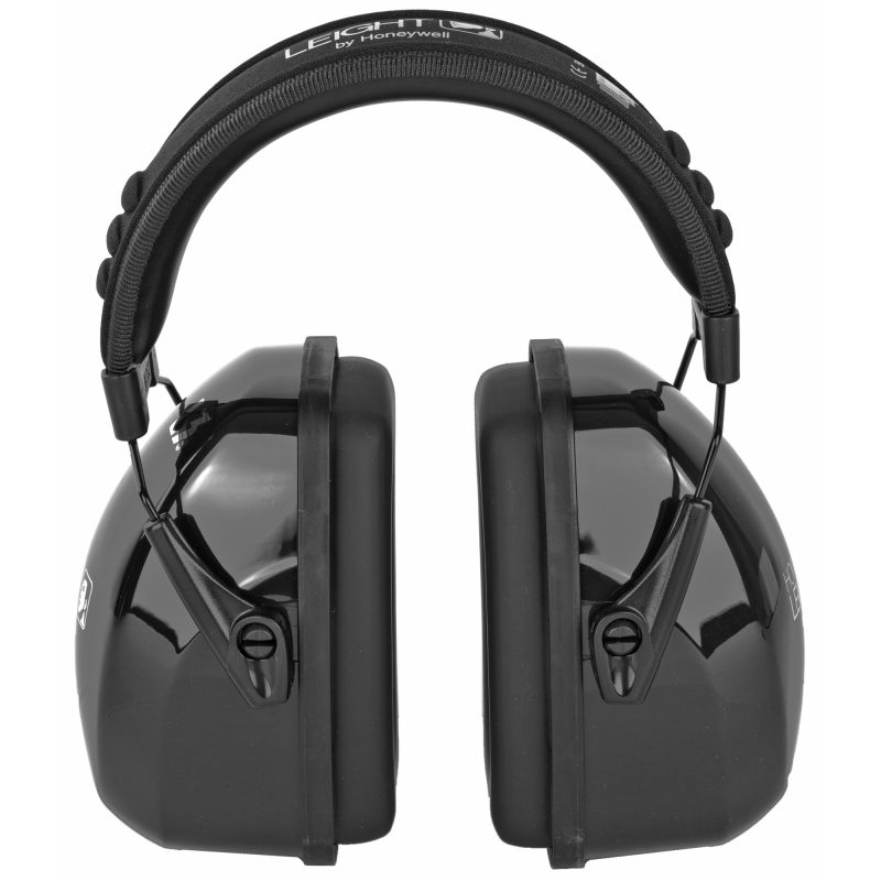 Black Howard Leight Leightning L3 earmuffs with NRR 30 rating, shown from the side with padded headband and earcups.