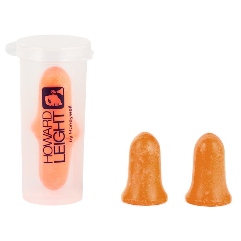 A five-pair case of Howard Leight Super Leight disposable foam earplugs, bright orange, shown against a rugged background.