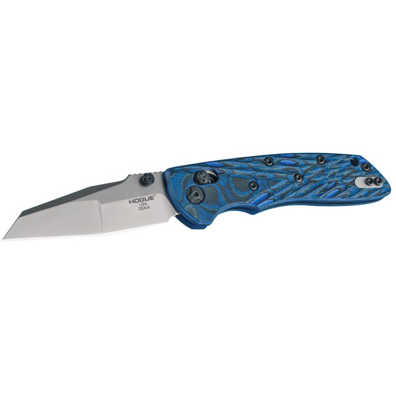 Hogue Deka 3.25 inch folding knife with blue lava G-Mascus handle and stone tumbled Wharncliffe blade