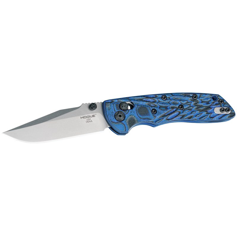 Hogue Deka folding knife with a blue lava G-Mascus handle and a stone tumbled clip point blade, closed position, showing pocket clip.