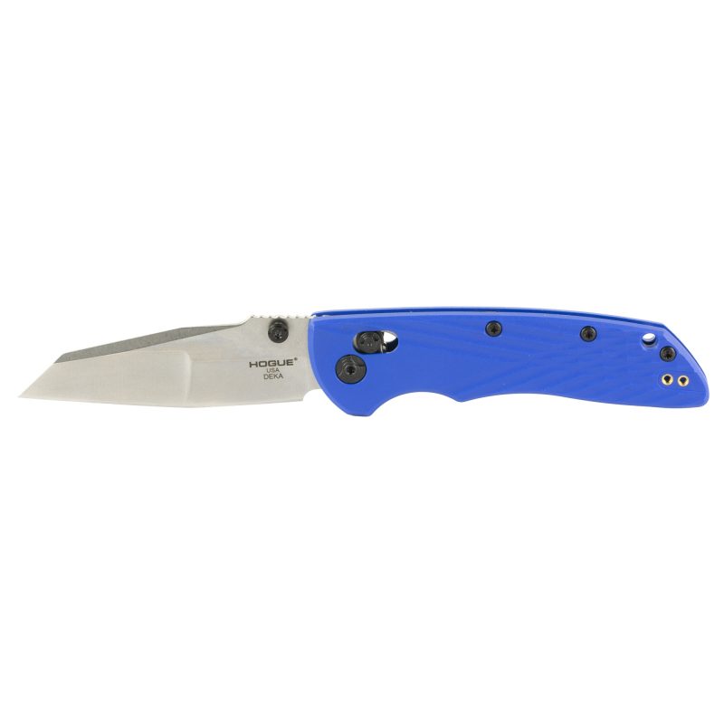 Hogue Deka 3.25 inch folding knife with blue polyamide nylon 12 grips and a silver stone tumbled CPM MagnaCut Wharncliffe blade, closed.