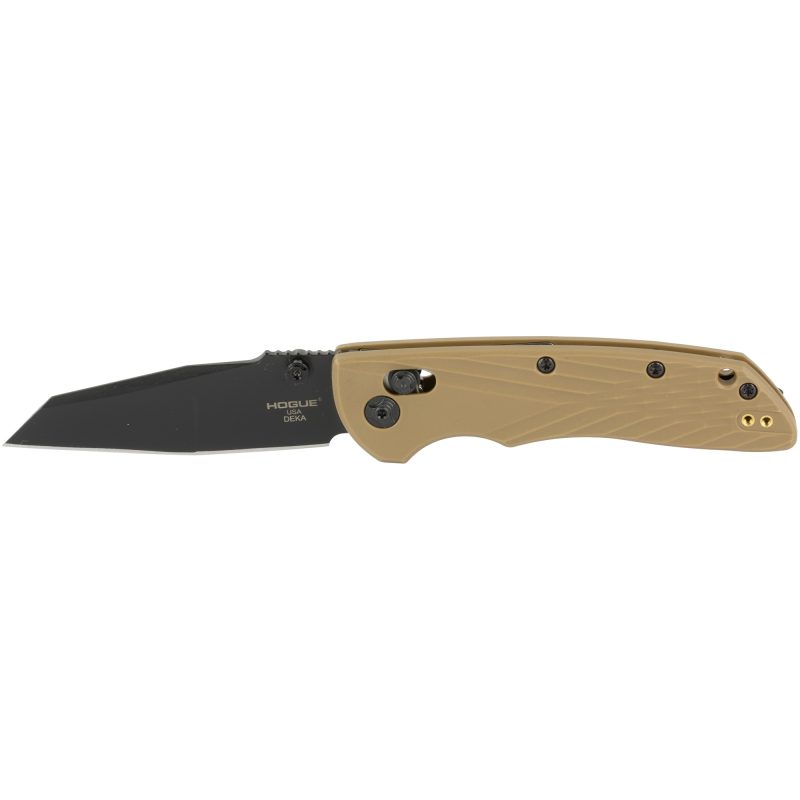 Hogue Deka 3.25 inch folding knife with a black modified Wharncliffe blade and flat dark earth polyamide grips, shown closed.