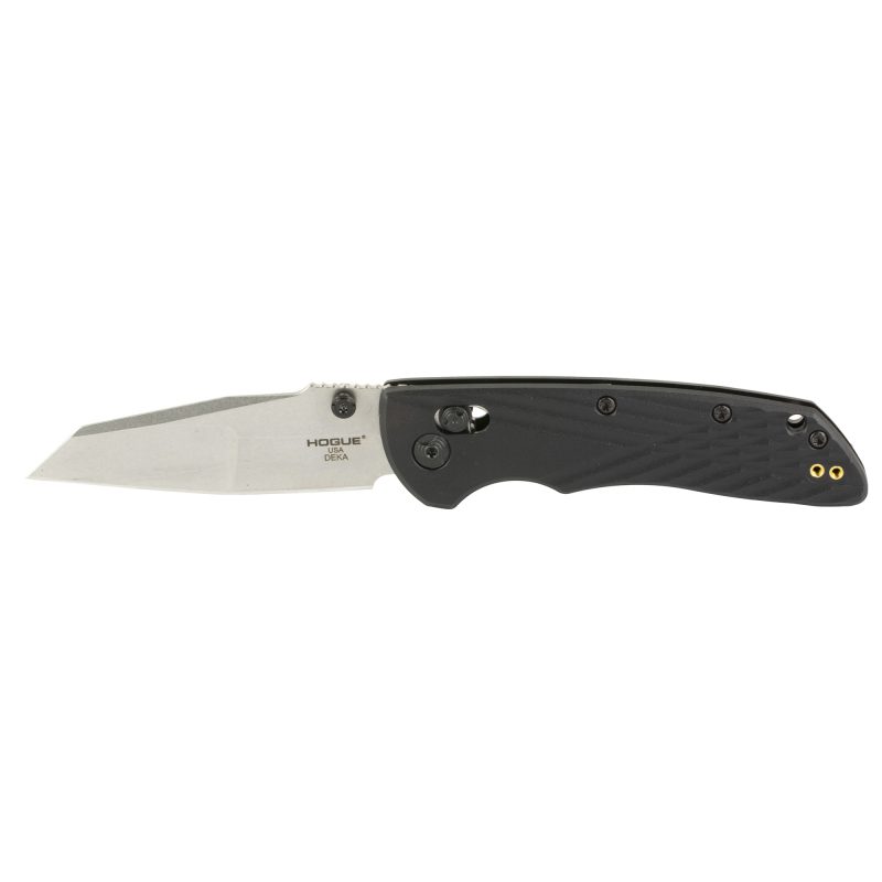 Hogue Deka 3.25 inch folding knife with silver stone tumble finish CPM MagnaCut blade and black polyamide nylon 12 grips, closed position.