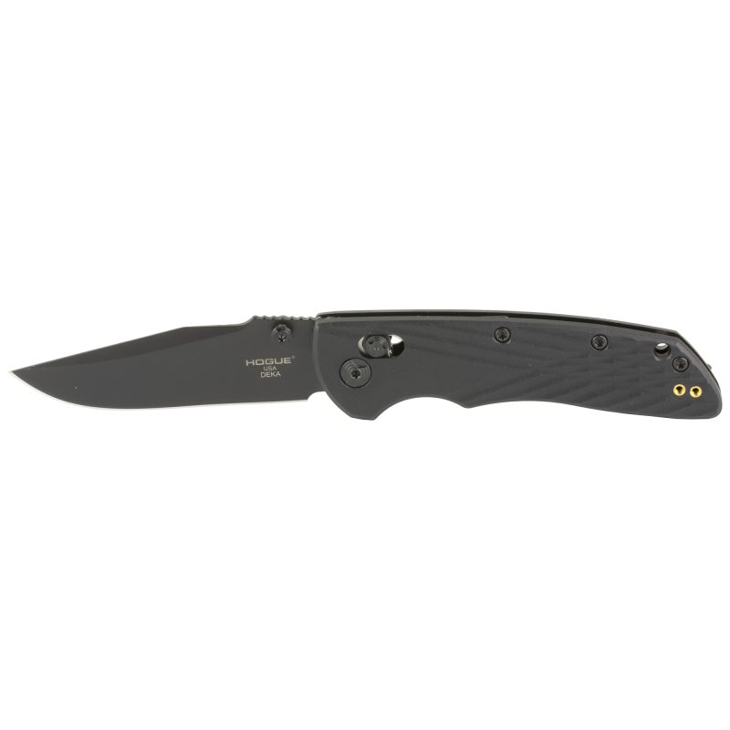Hogue Deka 3.25 inch folding knife with black polyamide handle and black Cerakote clip point blade, shown closed.
