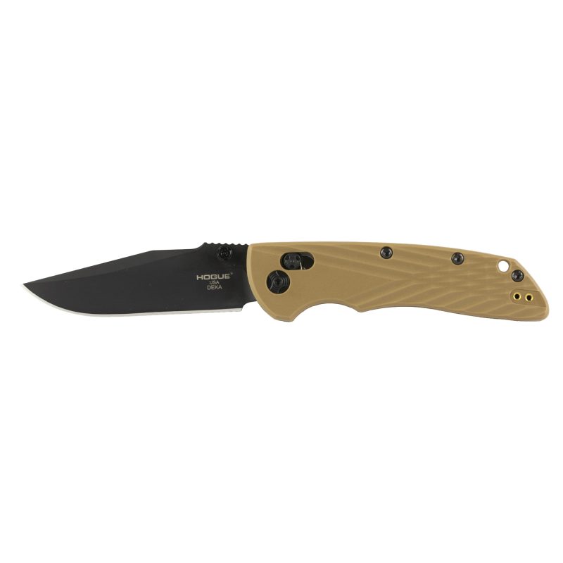 Hogue Deka 3.25 inch folding knife with a black CPM MagnaCut plain clip point blade and flat dark earth polyamide nylon 12 grips, shown closed with pocket clip visible.