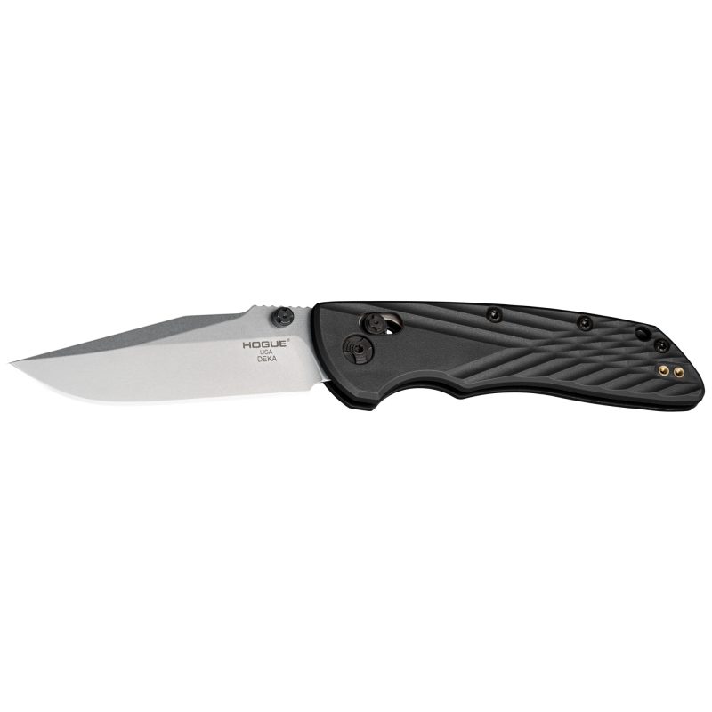 Hogue Deka 3.25 inch folding knife with a silver stone tumbled CPM MagnaCut blade and black polyamide nylon 12 grips, shown closed.