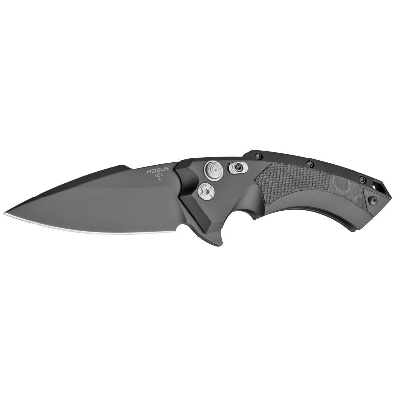 Hogue X5 4 inch Folder knife with black Cerakote spear point blade and black anodized aluminum frame with black G-Mascus inserts, shown closed on a plain background.