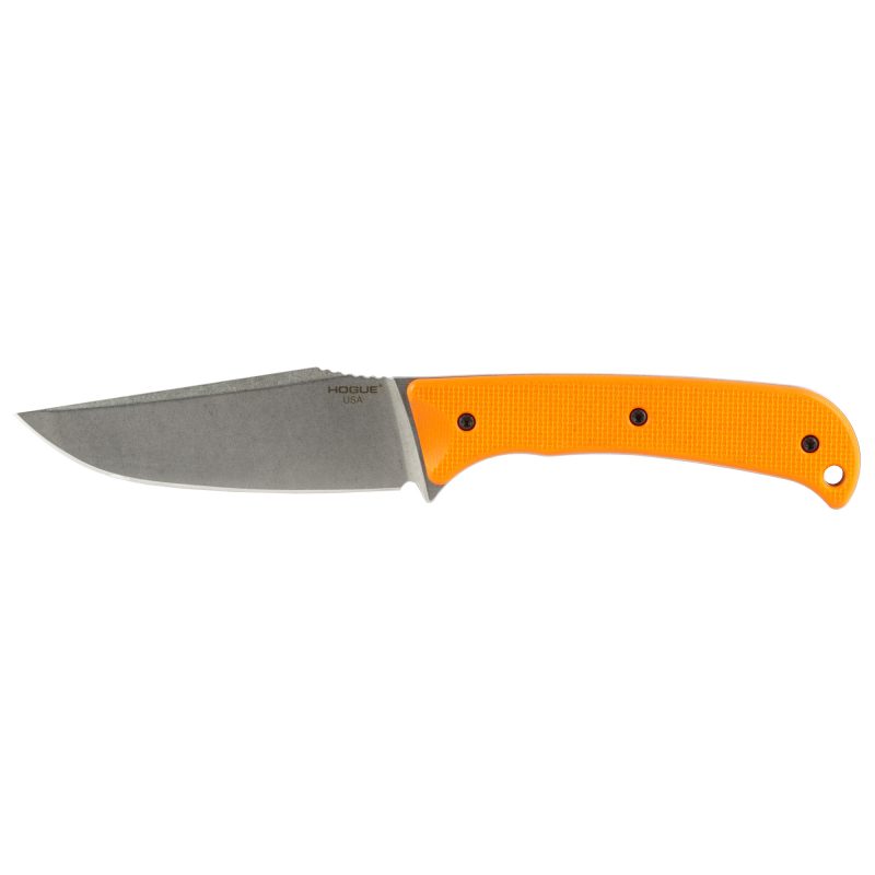 Hogue Extrak XL fixed blade knife with a silver 3.9-inch clip point CPM MagnaCut steel blade and an orange G-10 handle, shown with its black sheath.