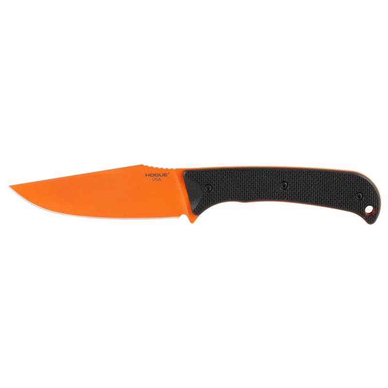 Hogue Extrak XL fixed blade knife with a black G-10 handle and an orange Cerakote finished 3.9-inch clip point blade, shown with its sheath.