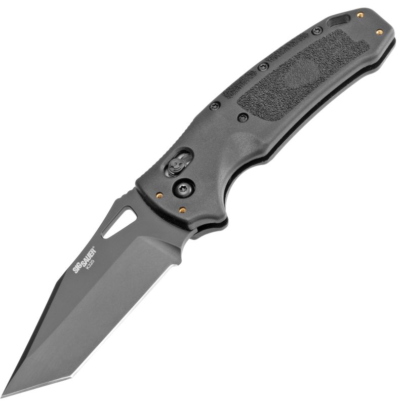 Hogue Sig K320 Nitron folding knife with a black tanto blade and black handle, shown closed on a plain background.