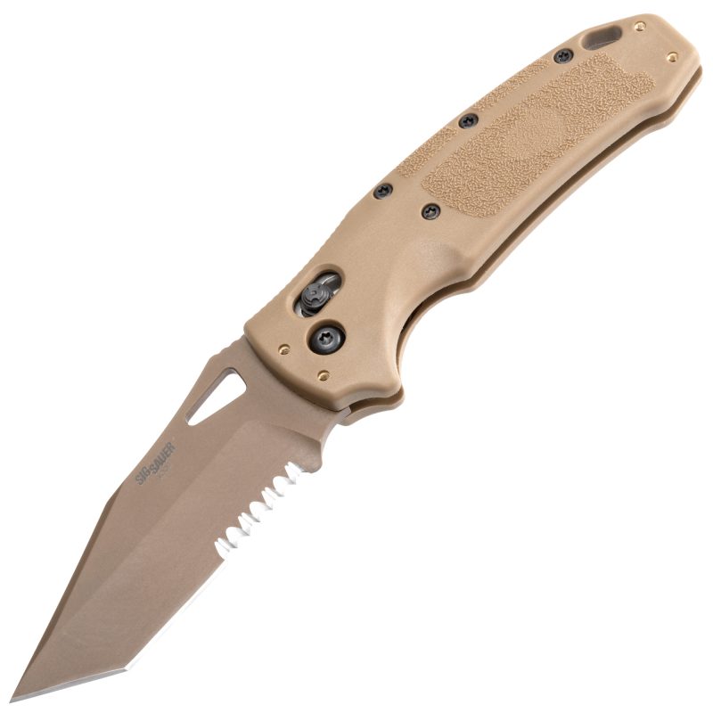 Hogue K320 M17 folding knife with a 3.5-inch PVD Coyote Tan Tanto blade, closed, showing the handle texture.