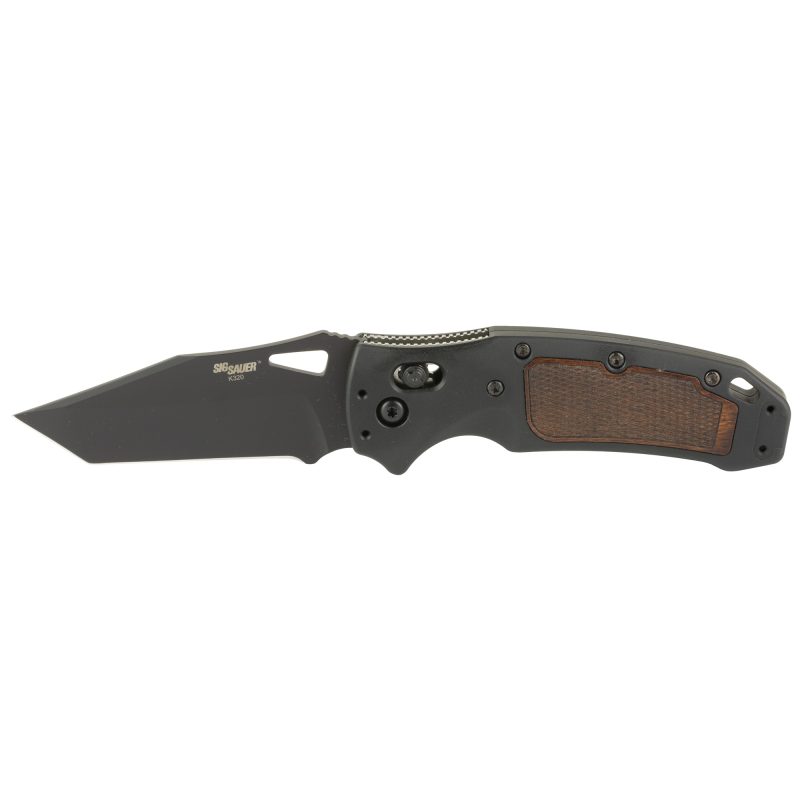 Hogue SIG K320 AXG Classic folding knife with a black tanto blade, Cerakote finish, and heritage walnut checkered handle inserts, shown open.