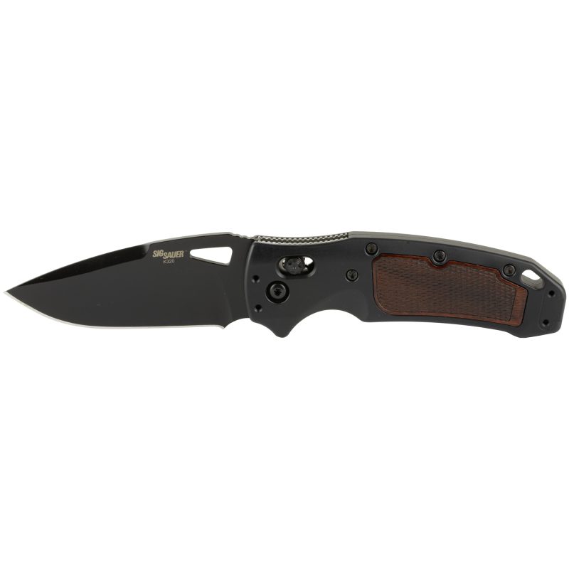Hogue SIG K320 AXG Classic folding knife with a black drop point blade and checkered heritage walnut handle inserts.