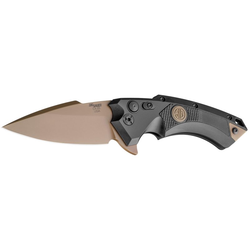 Hogue X5 3.5 inch Sig Emperor Scorpion folding knife with a flat dark earth PVD spear point blade and black G10 inserts on an anodized aluminum frame, shown open.