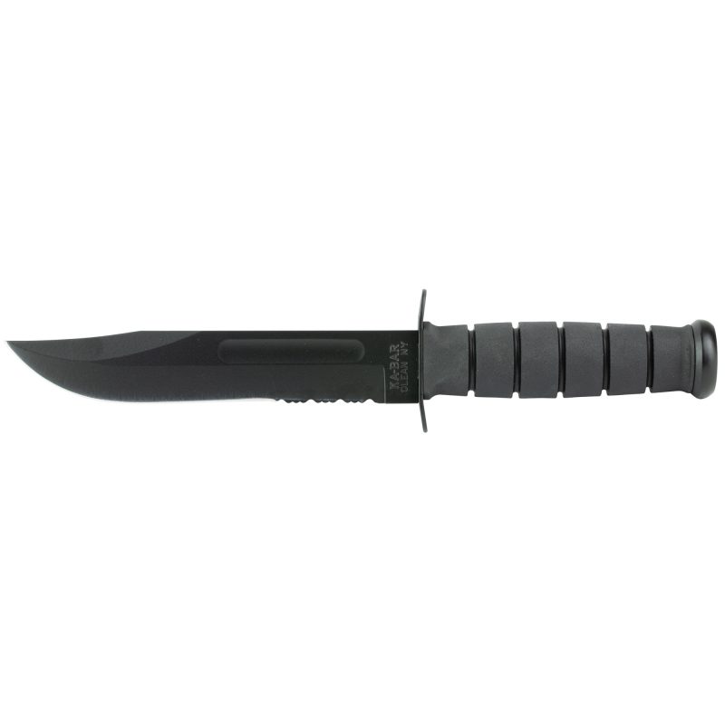 KA-BAR Knives 7 inch black fixed blade fighting knife with a partially serrated edge and black Kraton G handle, shown with its black glass-filled nylon MOLLE compatible sheath.