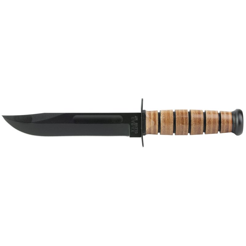 KA-BAR USMC Fighting/Utility Knife with 7-inch black blade, brown stacked leather handle, and included brown leather sheath, displayed against a rugged outdoor background.
