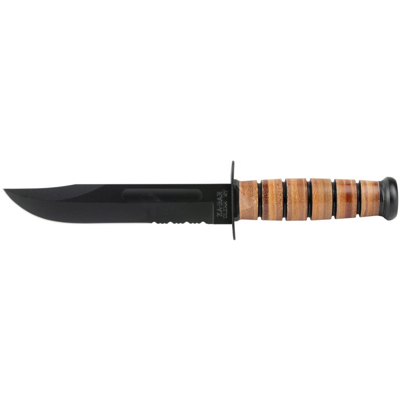 KA-BAR US Army Fighting Knife with 7-inch partially serrated clip point blade, brown stacked leather handle, and included brown leather sheath, displayed against a rugged outdoor background.