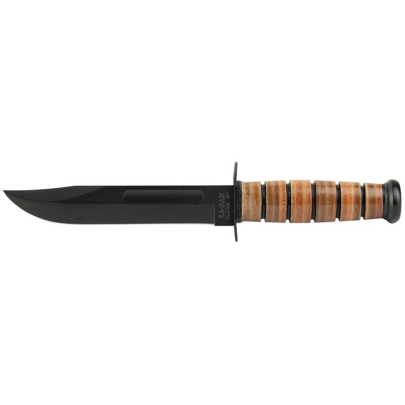 KA-BAR Knives US Army Fighting Knife with a 7-inch black blade, brown leather handle, and a matching brown leather sheath, displayed on a rugged surface.