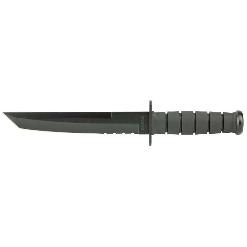 KA-BAR Knives 8 inch Tanto fixed blade knife with a black matte finish, combo edge, and black Kraton G handle, shown with its glass-filled nylon sheath.
