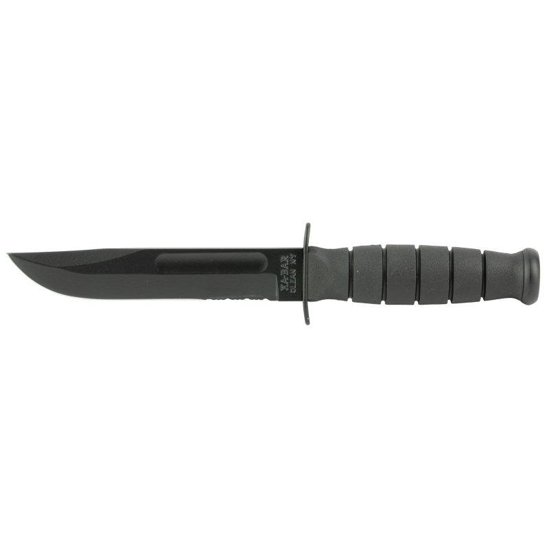 KA-BAR Short Fixed Blade Knife with 5.25 inch black blade, combo edge, black Kraton G handle, and included glass-filled leather sheath, displayed on a rugged surface.