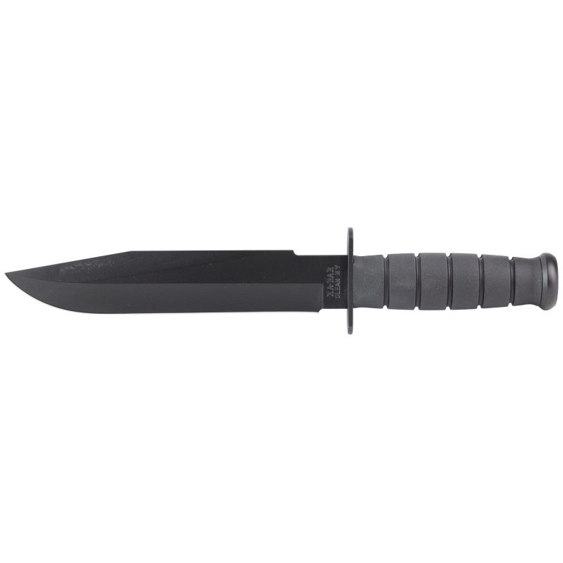 KA-BAR Knives 1269 Fighter Straight Edge fixed blade knife with an 8-inch black 1095 Cro-Van steel blade and black handle, shown with its black plastic sheath.